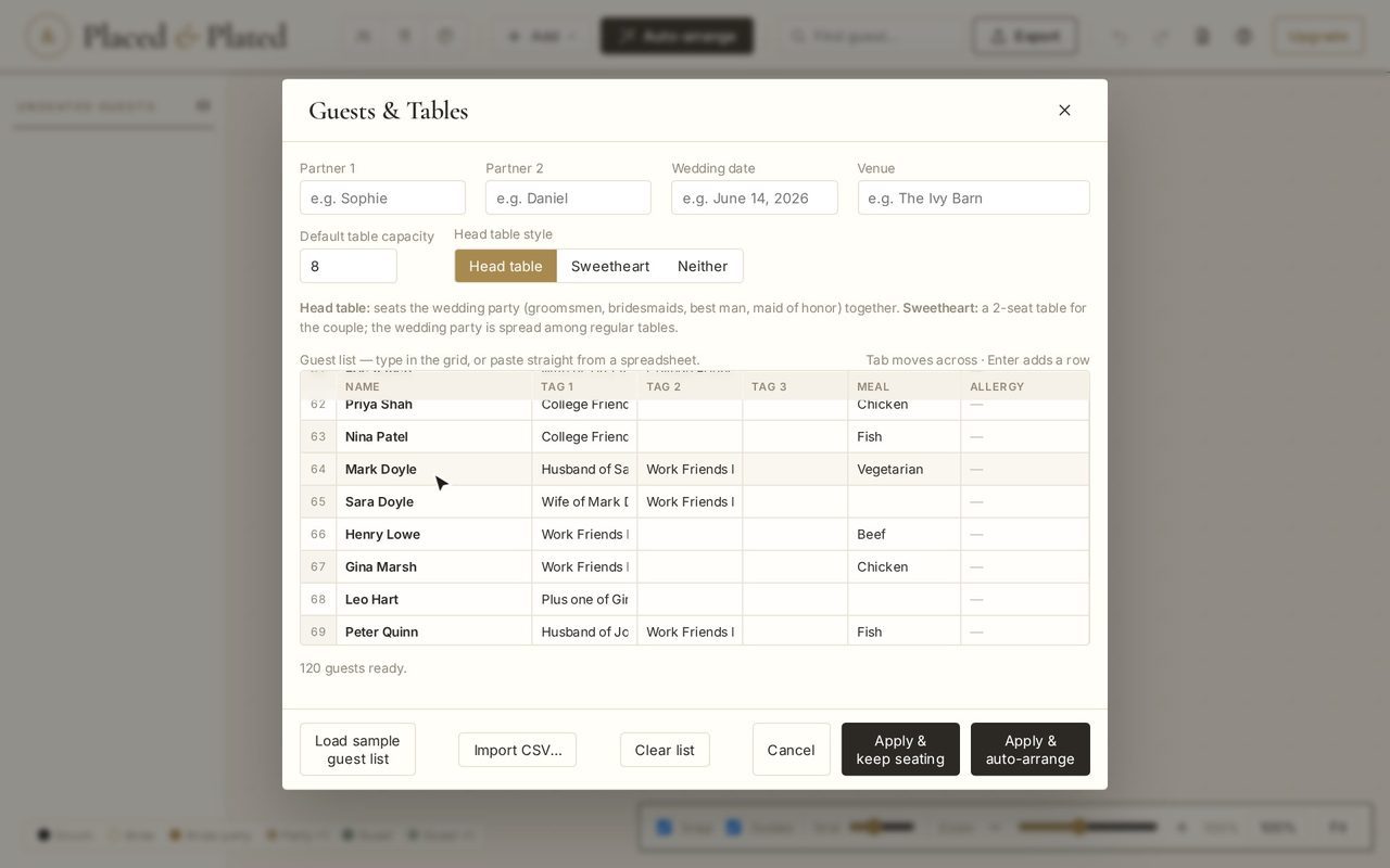 Typing a guest into the grid, then pasting a whole spreadsheet of 120 guests and auto-arranging them