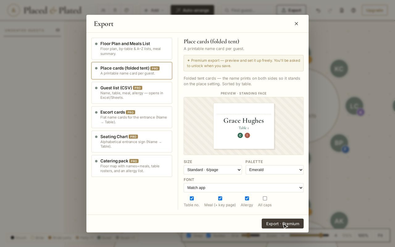Assigning meals, then previewing a place card in the Export panel and changing its palette